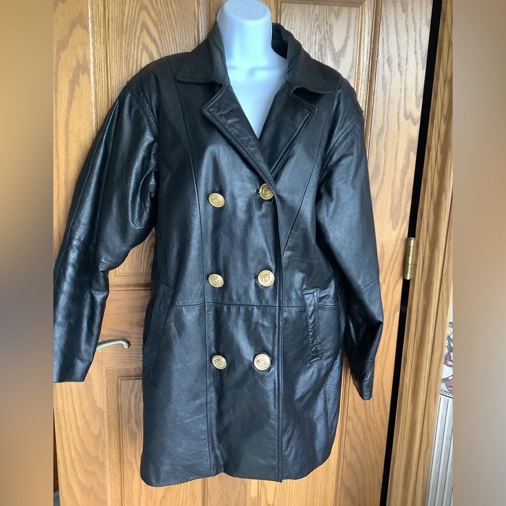 Vintage Leather double breasted. Gold buttons coat/jacket.  Marked Sz M,